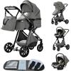 YAZOCO Passeggino Trio 3 in 1 Carrozzina Ovetto Pieghevole Set Viaggi Passeggino Neonato Sedili Parapiedi Zanzariere Carrozzina Multifunzionale (4 Grigio scuro)