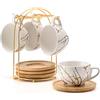 HOME DECOR Set di 4 tazze da cappuccino in ceramica da 220 ml, impilabili e piattino con supporto in metallo, per amanti del caffè, cappuccino, latte, americano e tè, bianco dorato
