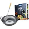 CLP Set wok in acciaio al carbonio I Base piatta o rotonda per gas, induzione e grill I Padella wok con manico in legno, ricettario e pala wok, Forma:flach