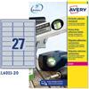 AVERY Etichette adesive L6011 - in poliestere - laser - permanenti - 63,5 x 29,6 mm - 27 et-fg - 20 fogli - argento - Avery (unità vendita 1 pz.)