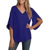 YGJIEGENG Camicia Donna Elegante a Manica a 3/4 Top Estiva Casual Tessuto in Chiffon Scollo a V Blusa Camicetta Manicotto Split Blu L