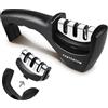 PORTENTUM Affilacoltelli professionale manuale per coltelli da cucina a 3 fasi - design ergonomico con finitura nera/cromata