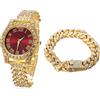 HALUKAKAH Orologio d'oro con Diamanti,Bambino Placcato Oro 18 Carati Plated 36MM Larghezza Rosso Quadrante Quartz 20cm con Catena Cubane18cm Bracelet,Confezione Regalo Gratuita