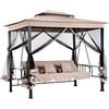 BAKAJI Gazebo Parasole da Giardino con Dondolo Letto e Zanzariere 3 posti, Modello Extra-Lusso Cleopatra, Amaca Altalena Trasformabile in Letto Matrimoniale, Colore Beige