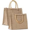 IPEA 2x Borsa in Juta Naturale con Manici in Legno per Shopping, Spesa e Tempo Libero - 2 Pezzi - Shopper in Vera Iuta - Tote Bag per Sera, Mare, Spiaggia, Uscite - Design Retrò Elegante - 26 x 23 cm
