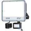 VRTOGTHE Faretto LED Da Esterno Con Sensore Di Movimento - 50W 5000LM Faro LED Esterno Con Sensore Movimento, IP67 Impermeabile 7000K Bianco Faretti per Giardino, Cortile, Garage, Fabbrica