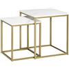 HOMCOM Tavolino da Salotto Set 2 Pezzi Impilabile con Piano Effetto Marmo in Truciolato e Struttura in Acciaio, 45x45x50 cm e 37x37x43 cm, Bianco e Oro
