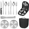 Libershine Set di Posate da Campeggio, Set di Posate da Campeggio in Acciaio Inox, Posate Portatili con Cucchiaio Forchetta Coltello Piastra Clip per Barbecue Piatti Portatile Kit Stoviglie Campeggio
