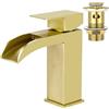 Faustina Rubinetto per Lavabo da Bagno Cascata e Piletta Pop Up con Troppopieno, Rubinetto Miscelatore Monocomando per Bagno Quadrato in Acciaio Inossidabile, oro
