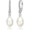 EVER FAITH Orecchini Perla Argento 925,EVER FAITH Crema Orecchini, Bianco zircone Ovale coltivata d'acqua dolce Matrimonio Sposa Leverback Ciondola Gioielli per le Donne