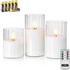 Rhytsing 3 Candele di Vetro a Led Bianco con Timer in Design a Righe Verticali, Telecomando e Batterie Incluse per Natale — H 10 cm / 12,5 cm / 15 cm
