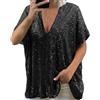 XIAOYUER Maglietta da donna con paillette, scollo a V, con brillantini, taglie forti, a maniche corte, elegante, casual, alla moda, con paillettes, casual, per feste, tunica, Nero , XL