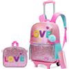 HTgroce Zaino Per Ragazze Zaino Trolley, Set di 3 pezzi Zaino Zaino Trolley Scuola Elementare Zaino con Ruote Borsa Pranzo e Astuccio Zaino Scuola Elementare per Bambini