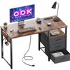ODK Scrivania con 3 Cassetti in Tessuto, 120x48x75.5 cm Scrivania per Ufficio con 2 Prese di Corrente e Prese USB, Scrivanie PC Reversibili Scrittoio Scrivanie per Computer Domestico, Marrone