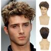 Beweig Parrucca marrone da uomo capelli ricci corti strati capelli falso per Halloween ruolo gioco con cappello parrucca