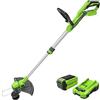 Greenworks 40V Tagliabordi con Ruota a Batteria per Giardini Piccoli e Medi, Ampiezza di Taglio 33cm, Filo di Nylon da 1,65mm con Autofeed, Batteria 40V 2Ah e Caricabatterie, Garanzia 3 Anni G40LT33K2