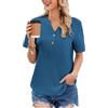 Weardear Camicia Donna Elegante Blusa 100% Cotone Scollo a V Camicette Top Traspirante Morbido Manica Corta Estiva Bluse Estive Abbigliamento Maniche Casual Shirt Abbottonato Casuale Blu L