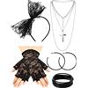 Blulu, Accessori per costume anni '80, fascia in pizzo, orecchini, guanti a rete, collana, braccialetto, per feste rétro anni '80, colore: nero