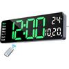Lafocuse Orologio da Parete Digitale Grande LED Display, 13 Facile da Leggere con Telecomando,Temperatura,Calendario,2 Allarme,Luminosità Regolabile,12/24 Ore per Soggiorno Cucina Ufficio, Verde