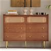 AB Store Credenza Moderna Vintage con 6 Cassetti e Dettagli in Rattan, Maniglie in Metallo Dorato per Camera da Letto e Soggiorno, Colore noce