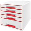 Leitz WOW 52132026 - Cassettiera A4 con ripiano trasparente, 4 cassetti piccoli e 1 grande, colore: Bianco/Rosso