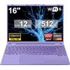 NOTODD PC Portatile Computer Portatile Laptop Win11 12GB 512GB 1TB SSD Espansione, Notebook 16 Pollici Celeron N5095 (fino a 2.9Ghz) 丨Ventola di Raffreddamento丨5G WIFI丨1920 * 1200 2K Schermo Doppio- Viola