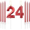 mciskin Candele per il 24° compleanno rosse - Design 3D Numero 24 Candela per torta con set di 6 candele lunghe/sottili, topper per torta rossa per decorazioni di compleanno per ragazze, decorazioni