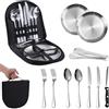 shallyong Posate da Viaggio,10 Pezzi set Posate Campeggio, Piatti Campeggio in Acciaio Inox, Kit Stoviglie Campeggio Portatile per 2 Persone, Adatto per Viaggi, Campeggio, Escursioni