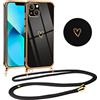 Vauki Cover con Cordino per iPhone 13 Mini, Carina Motivo Cuore Custodia con Collana, Antiurto Ultra Silicone TPU Morbida e Sottile Catena per Cellulare Case per iPhone 13mini 5.4, Nero