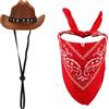 PEUTIER Costume da cowboy per cani e gatti di piccola taglia, marrone e rosso, cappello e bandana, retrò, Halloween