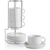 Sweejar Home Tazze da cappuccino in porcellana con piattini e supporto in metallo, impilabili, per bevande speciali, caffè, latte, americano, tè, set da 4 (bianco, 120 ml)
