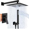 KES Sistema Doccia a 3 Modalità di Erogazione Soffione 30 cm a Parete con Doccetta Valvola Grezza e Rifiniture Set Doccia Quadrato Nero Opaco, X6230S12-BK