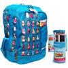 TINTA UNITA Zaino Scuola Stumble Guys AZZURRO Tondo 3 scomparti con badge Patch a destra Pool Over + Rotolo astuccio completo di 24 Pastelli + 1 penna cancellabile e 1 matita Zoo