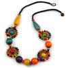 Avalaya Collana in corda nera con perline di legno multicolore, lunghezza 60 cm
