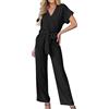 Generic Tuta Donna Elegante Cerimonia Jumpsuit Eleganti Curvy Pantalone Monopezzi e tutine Lunghe 2024 Manica Corta Tinta Unita Scollo a V Completi Tutina Push Up a Gamba Larga Lunghe Overall Da Sera