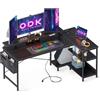 ODK Scrivania Gaming a L, 147x80cm Scrivania ad Angolo con Ripiani Portaoggetti, Scrivania Angolare Reversibile con Prese di Corrente e USB, Tavolo a L per Casa Ufficio, Nero