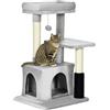 PawHut Tiragraffi per Gatti con Palo in Sisal, Lettino e Casetta, Albero per Gatti Multilivello con Rivestimento in Peluche, Grigio