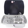 Wrobelax Fornello da campeggio a gas con piano cottura a gas integrato, 2 fuochi, piano cottura a gas e 1 lavello in acciaio inox con copertura in vetro, per campeggio, camper, roulotte, camper, cucina,