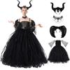Herenear 5 Pezzi Malefica Costume per Bambina, Vestito Malefica Bambina, Vestiti Halloween con Corna Maleficent, Ali Nero e Collana, Costume da Strega per Halloween Carnevale Cosplay Festa (XL)