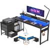 ODK Scrivania Angolare con Cassetti, 174x100cm Scrivania Gaming a L con LED e Porta USB e Presa di Corrente, Scrivania per Ufficio con Ripiano, Scrivania ad Angolo per Computer, Nera