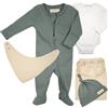 BEBICCO - Kit Naissance Bebe Premium - 100% cotone biologico di alta qualità (certificato GOTS) - 0-3 mesi - Pigiama e body con guanti integrati - Berretto - Bavaglino e ponchon di stoccaggio., verde