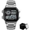 Nicoone Orologi da uomo, alla moda, digitale, cinturino in acciaio inox, impermeabile, elegante orologio da polso con scatola, Argento, Elegante e sportivo (Argento+Box)