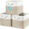 OrganiHaus Set di 3 Cubi Scatole Portaoggetti 28x28, Cestini Portaoggetti in Tessuto con Manici in Corda, Cubi Portaoggetti Pieghevoli per Libreria Kallax, Cestino per la Cameretta. Beige/Bianco