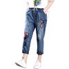 Generic Jeans da donna a 3/4 per il tempo libero, jeans da donna a 7/8 dritto, eleganti pantaloni in denim strappati, con vita media ricamata, pantaloni baggy Regular Fit, elastico in vita con coulisse, Blu,