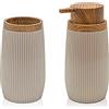 Inbagno Set 2 Pezzi Dispenser Sapone e Porta spazzolino, in plastica Tortora, con Dettagli Effetto Legno, Serie Blob
