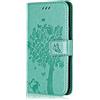 Conber Cover per Samsung Galaxy Grand Prime, Custodia in Pelle PU con Interno TPU Antiurto, Serie Gatto e Albero Flip Case Cover Custodia Portafoglio per Samsung Galaxy Grand Prime - Verde