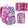 Seven Zaino Scuola SJ GANG CUCCIOLI, Rosa PATTINE CALAMITATE CON GRAFICHE DIVERSE Scuola Elementare + Astuccio Triplo Scomparto Rosa Bambina