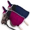 SKIPPI Coperta e Cuffietta per Hobby Horse - Fucsia e Blu Navy, Reversibile Hobby Horse Accessori, Cuffia Bicolore e Coperta Antimosche per Cavallo con Bastone