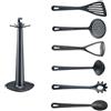 Westmark Utensili da cucina - Supporto rotante morbido con schiacciapatate, cucchiaio frittura e verdure, cucchiaio spaghetti, mestolo zuppa, schiumarola e paletta - Nero, set 7 pz