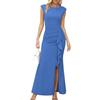 Missufe Abito da sera da donna Maxi, a maniche a ala, con ruches, scollatura, sirena, bodycon, da matrimonio, festivo, blu navy, M